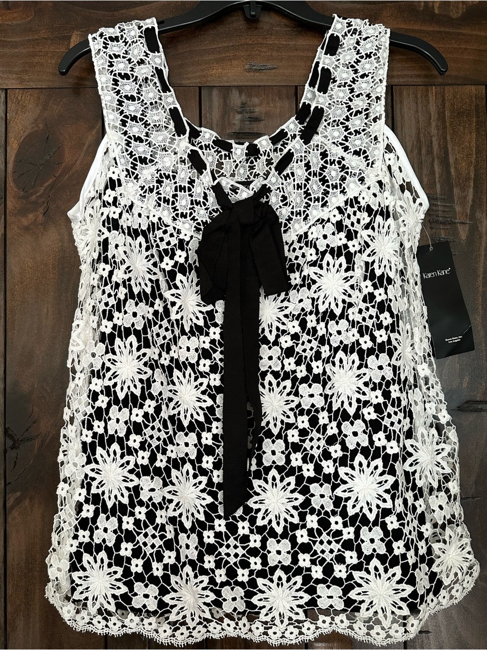 Karen Kane Black & White Crochet Lace Tie-Neck Tank